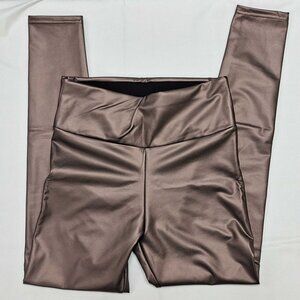 Faux Leather Leggings Bronze Brown Size M High Waist Stretch Shiny Pants
